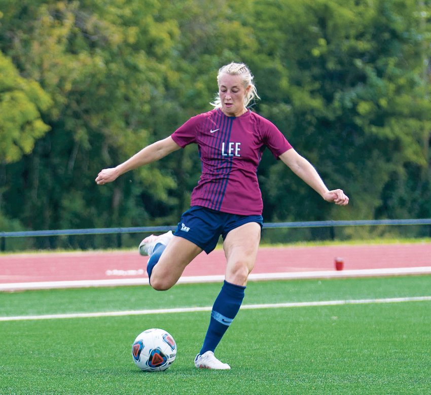 LEE WOMEN'S soccer's Ellie Crisler prepares to kick the ball against Delta State Sunday. Crisler delivered a header into the back of the net during the second half of the Lady Flames' 2-0 win at the Ray Conn Sports Complex.