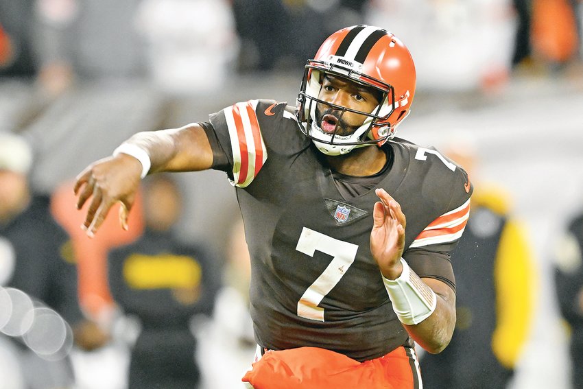 CLEVELAND BROWNS quarterback Jacoby Brissett follows through on an 11-yard touchdown pass to Amari Cooper during the first half of the team's game against the Pittsburgh Steelers in Cleveland on Thursday.