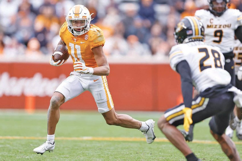 TENNESSEE WR Jalin Hyatt (11) is looking for a strong showing as he returns home to South Carolina, who will face the No. 5-ranked Vols Saturday evening.