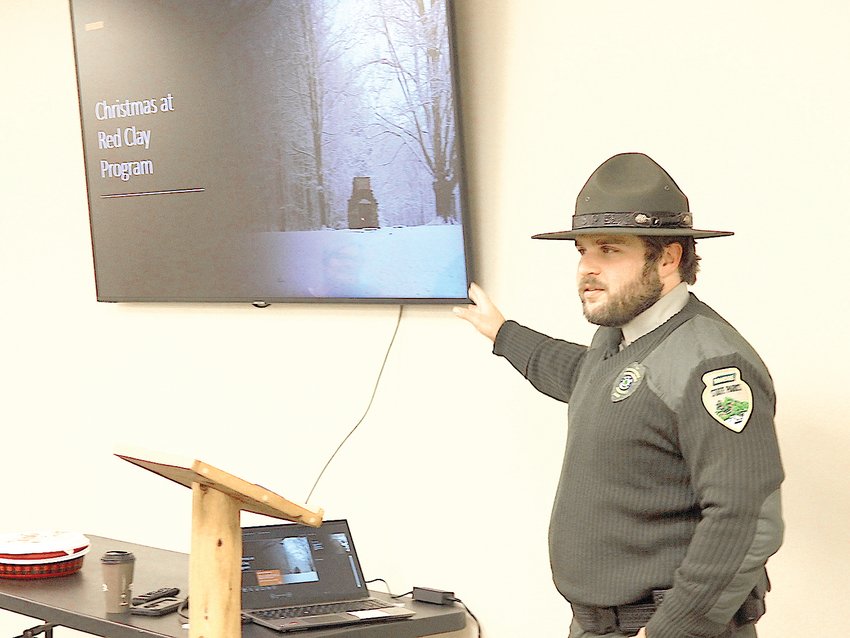PARK RANGER 2 LOGAN CAMMARATA was the guest at the recent meeting of the Charleston/Calhoun/Hiwassee Historical Society to discuss the upcoming Christmas at Red Clay State Historical Park.