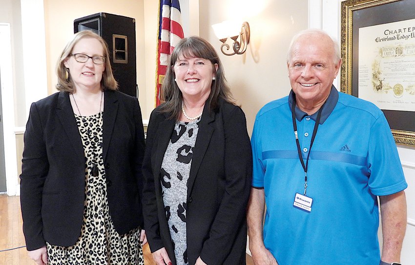 LISA GEREN, center, executive director of the Community Foundation of Cleveland and Bradley County, recently spoke to the Kiwanis Club of Cleveland, detailing what the Foundation does and how it helps nonprofits in the area. From left are Leigh Ann Boyd, Kiwanis Club; Geren; and Chuck Evans, Kiwanis Club chairman.