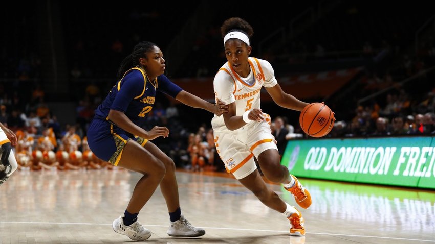KAIYA WINN (5) moves the ball during Tennessee's game against Chattanooga in Knoxville Tuesday. The Lady Vols defeated the visiting Mocs 69-39.