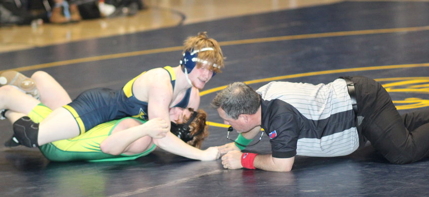 WALKER VALLEY senior David Cantrell, top, &quot;sticks&quot; Rhea County's Daniel Ooten in the 160-pound match to open Tuesday's District 5-AA championship winning dual meet, at &quot;The Stable.&quot;