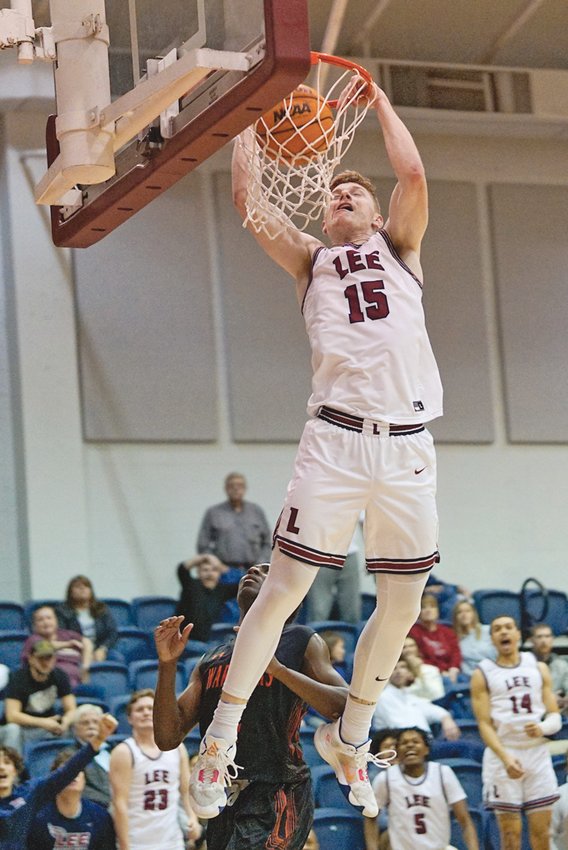 ALL-GULF SOUTH Conference performer Jayce Willing ham slams home two of his 20 points in Tuesday's 81-64 victory over Auburn Montgomery in  the opening round of the league tournament, at Walker Arena.
