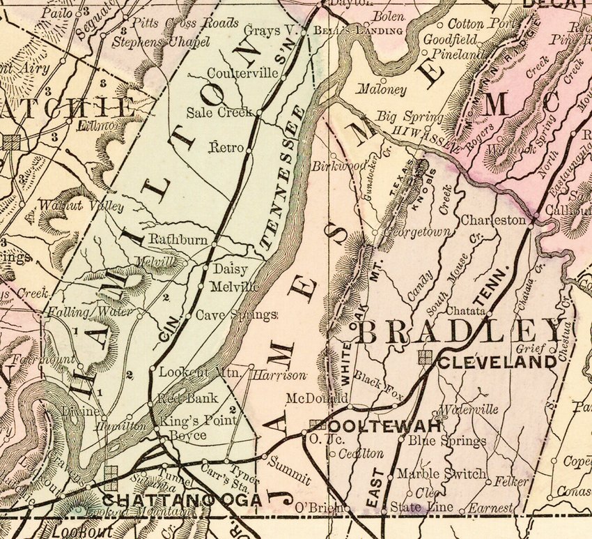 JAMES COUNTY is shown in this image from an 1888 Rand McNally Map.