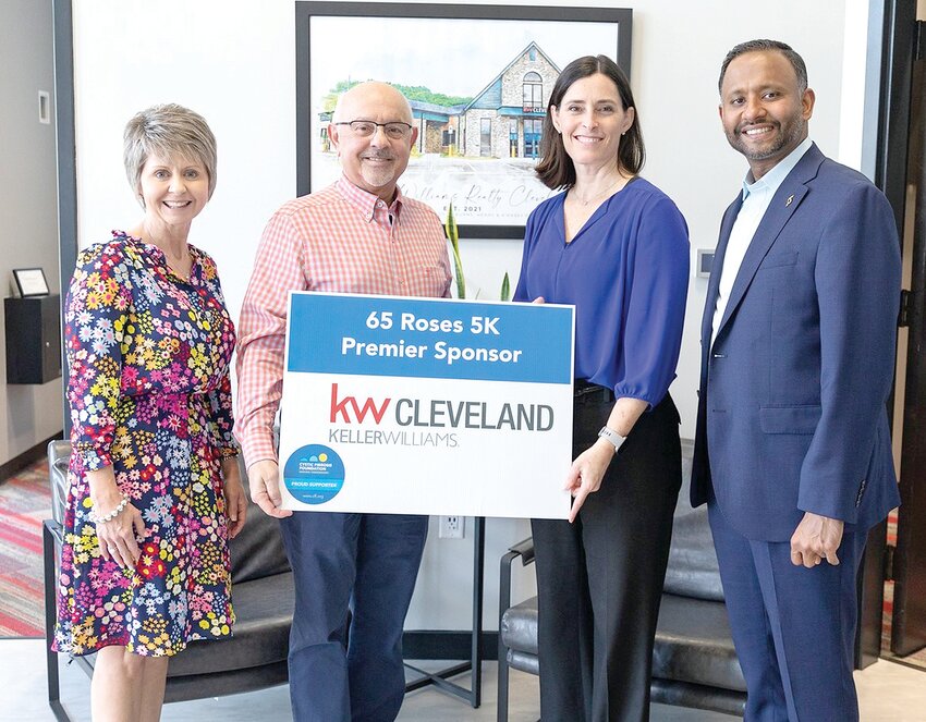 KELLER WILLIAMS CLEVELAND will serve as a premier sponsor in this year&rsquo;s 65 Roses 5K, held each year to help find a cure for cystic fibrosis (CF). The 2023 race, hosted by Lee University, is taking place on Saturday, March 25, at 9 a.m.?with a Fun Run at 9:30. All are welcome to run or walk for this great cause. Registration and information for the event benefiting the CF Foundation are available at www.leeuniversity.edu/cf. Steve Black of Keller Williams is shown here with members from the Lee University Great Strides Committee. Pictured, from left to right, are Kim Brooks, Black, Vanessa Hammond and Fijoy Johnson.