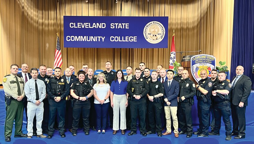 THE CLEVELAND STATE Community College Law Enforcement Training Academy held its 88th graduation ceremony on Friday, April 14. The graduates completed 520 hours of instruction, training and practicum activities. Pictured first row left to right: Matthew Williams, Matthew Blackburn, Nehemias Perez Santiago, Jena Slatton, Mackenzie Patterson, Samantha Rossetter, Alexander Kirkland, James Kaylor, John Pain IV, Wilred Marquez, Freddy Castellanos, Dakota Johnson,&nbsp;Law Enforcement Training Academy Director Mike Hodges. Pictured second row left to right: Assistant Director Doug Towne, Colby Yarger, Matthew Christopher, Timothy Adams, Jared Wooten, Eduardo&nbsp;Maga&ntilde;a, Tyler Sharp, Tyler Wooden, Corey Phelps. Pictured third row left to right: Tristan Hall, Nicholas Marcum, Justin Schoelzel, Billy Purdy, Jared Valletto and Chad Ramsey.