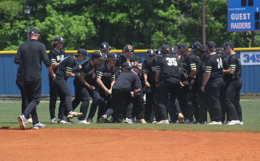 BRADLEY CENTRAL celebrates after completing a sweep of archrival Cleveland in the District 5-4A semifinal series Saturday, at Bill Tally Stadium. The Bears advance to their sixth district championship game in the last seven seasons  Tuesday evening against either Walker Valley or McMinn County.