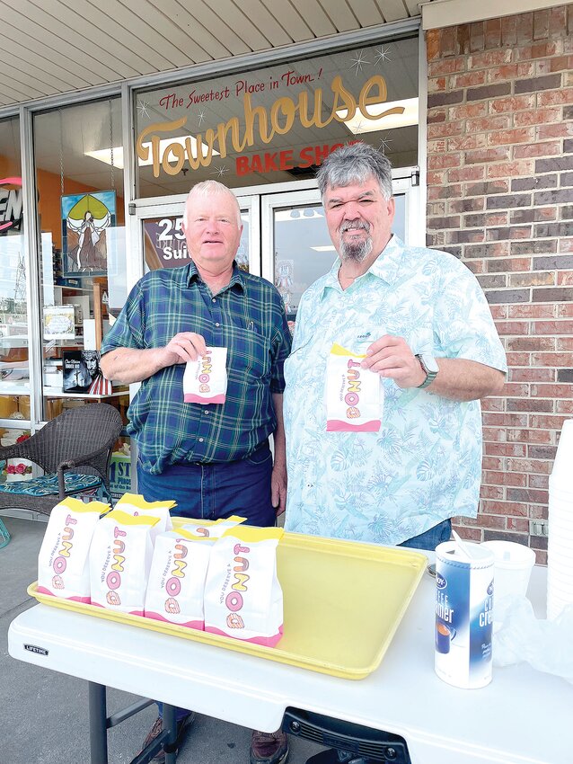 DONUTS were given to teachers and nurses on Tuesday, May 9, by Commissioner Scott &quot;Donut&quot; Gilbert, owner of Town House Bake Shop, as a sign of appreciation. Here, he stands with fellow commissioner, Daniel Beaty.