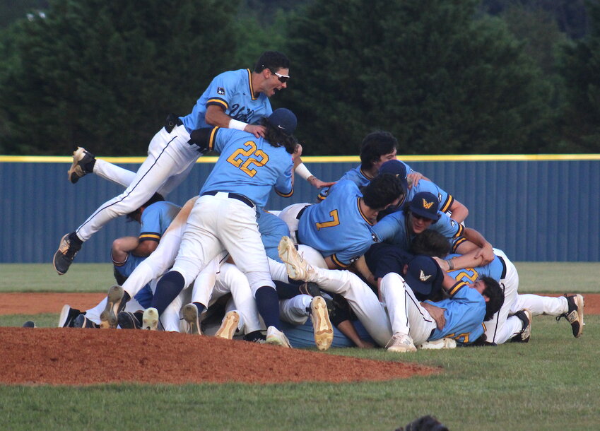 WALKER VALLEY celebrates after securing a spot in next week's TSSAA Class 4A State Baseball Championships with an 8-7 win over visiting Smyrna, Friday evening, at Mike Turner Field.