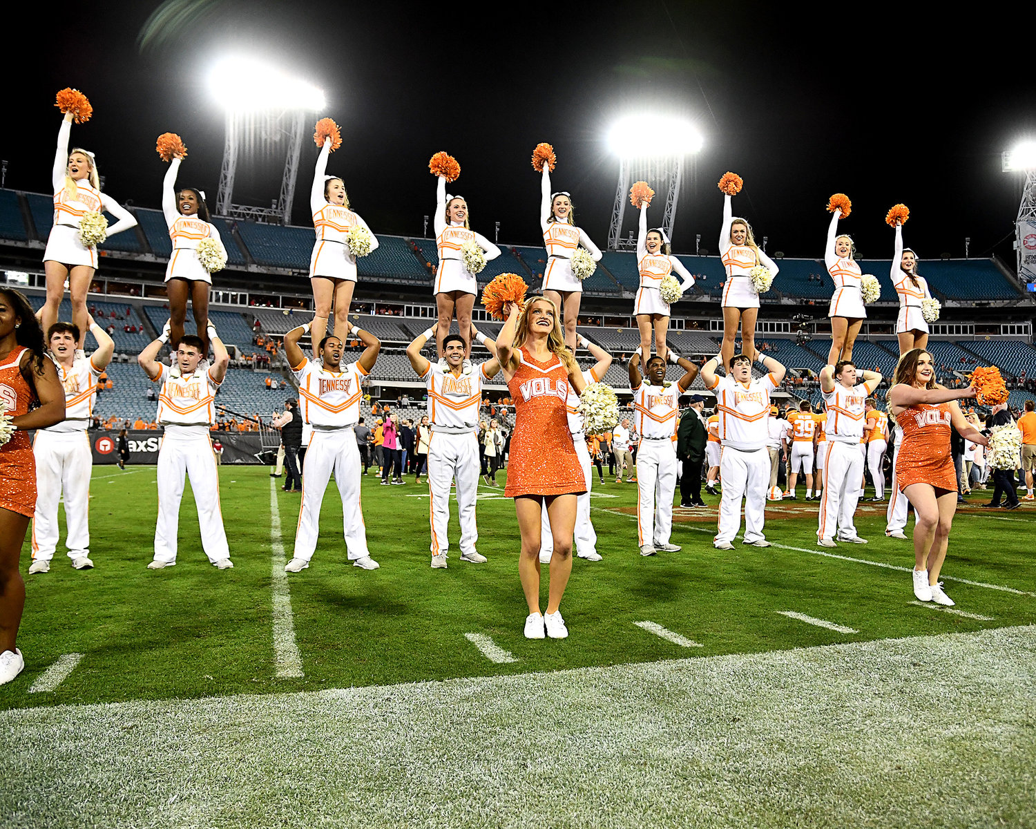 The Tennessee Volunteers cheerleaders celebrate the Vols' win over the Indiana Hoosiers at the Gator Bowl Thursday, January 2, 2020, at TIAA Bank Field in Jacksonville, Fla.