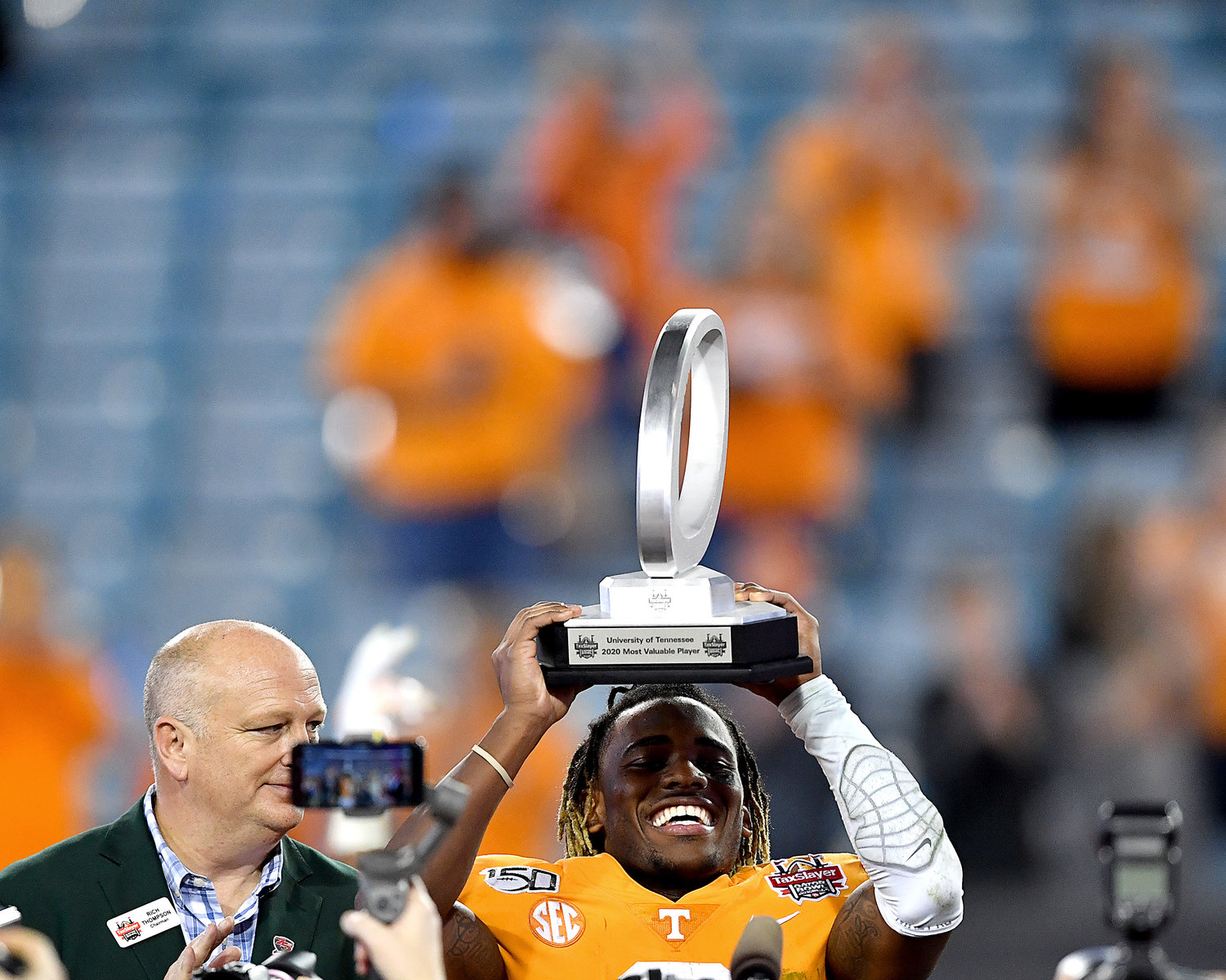 Tennessee Volunteers running back Eric Gray (3) holds up his MVP trophy from the Gator Bowl Thursday, January 2, 2020, at TIAA Bank Field in Jacksonville, Fla. The Volunteers beat the Indiana Hoosiers by one point, 22-23.
