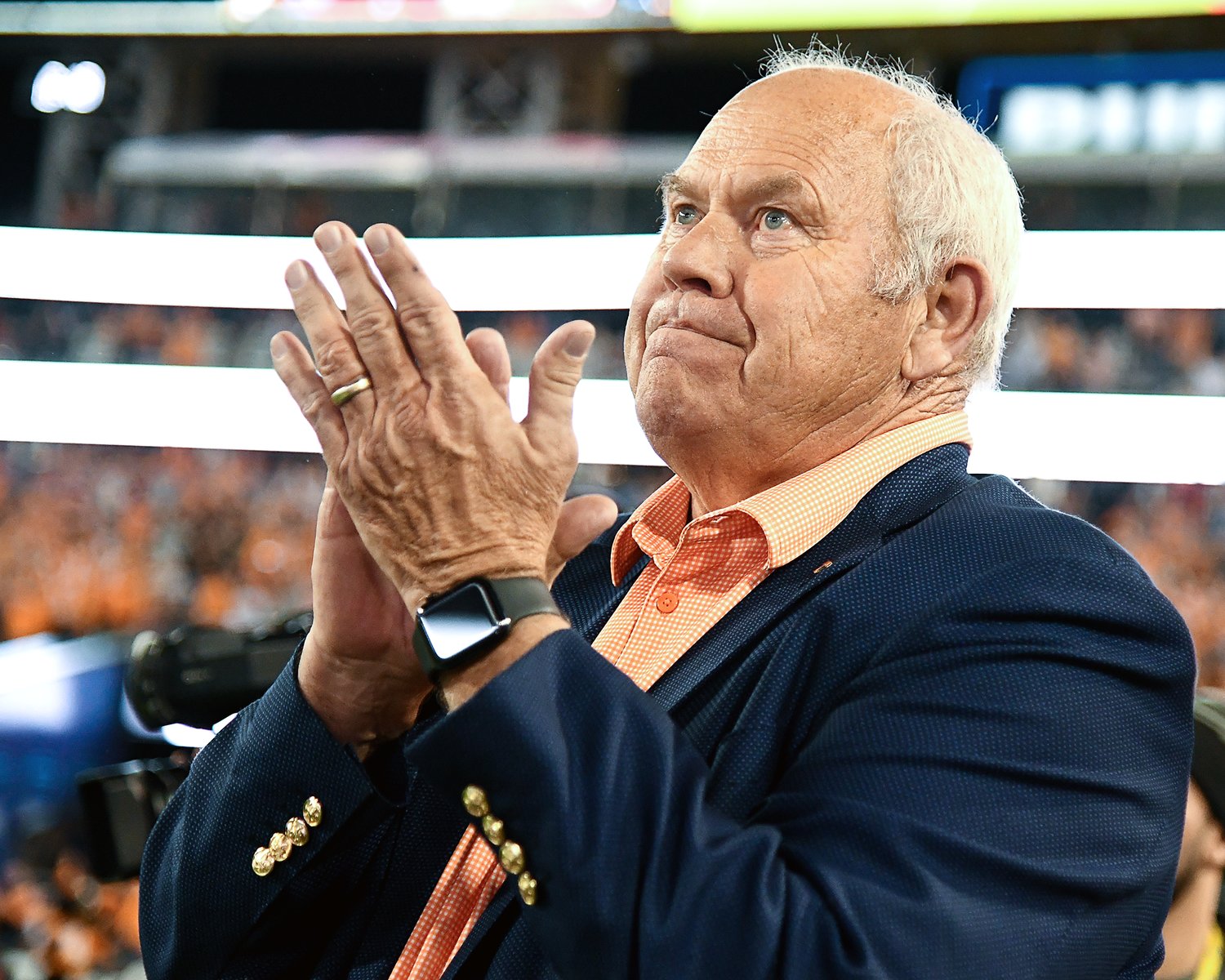 Tennessee Volunteers athletic direction, and former Vols head coach, Phillip Fulmer looks on and applauds as the clock winds down and the Volunteers win the Gator Bowl, defeating the Indiana Hoosiers, Thursday, January 2, 2020, at TIAA Bank Field in Jacksonville, Fla.
