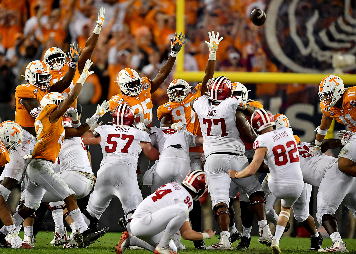 The Indiana Hoosiers attempt, but miss, a field goal in the closing minutes of their one-point loss to the Tennessee Volunteers in the Gator Bowl Thursday, January 2, 2020, at TIAA Bank Field in Jacksonville, Fla.