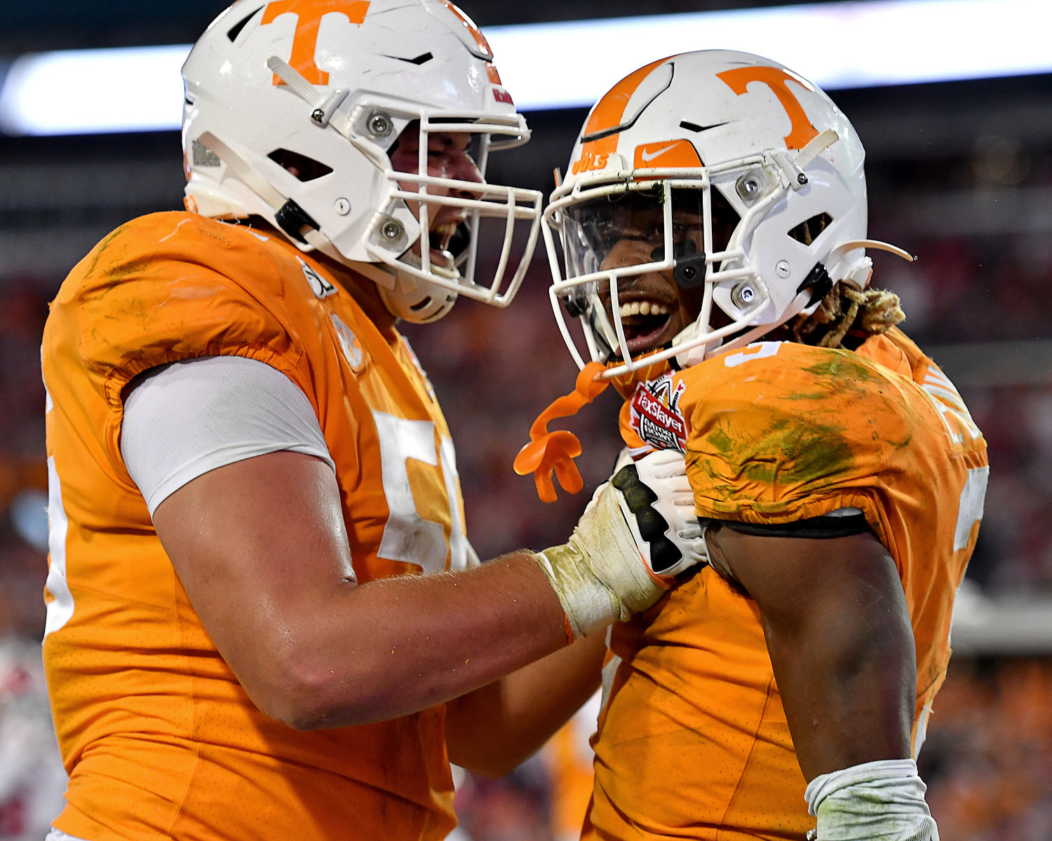 Tennessee Volunteers running back Eric Gray (3) celebrates his game-winning touchdown in the fourth quarter of the Gator Bowl NCAA football game against the Indiana Hoosiers Thursday, January 2, 2020, at TIAA Bank Field in Jacksonville, Fla.