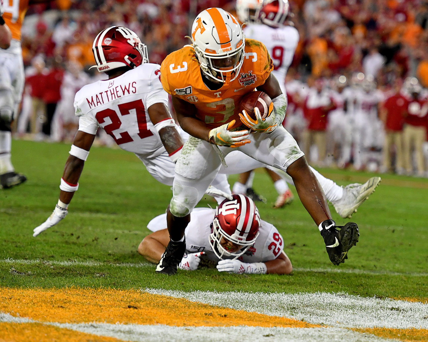 Tennessee Volunteers running back Eric Gray (3) on his way to the game-winning touchdown in the fourth quarter of the Gator Bowl NCAA football game against the Indiana Hoosiers Thursday, January 2, 2020, at TIAA Bank Field in Jacksonville, Fla.