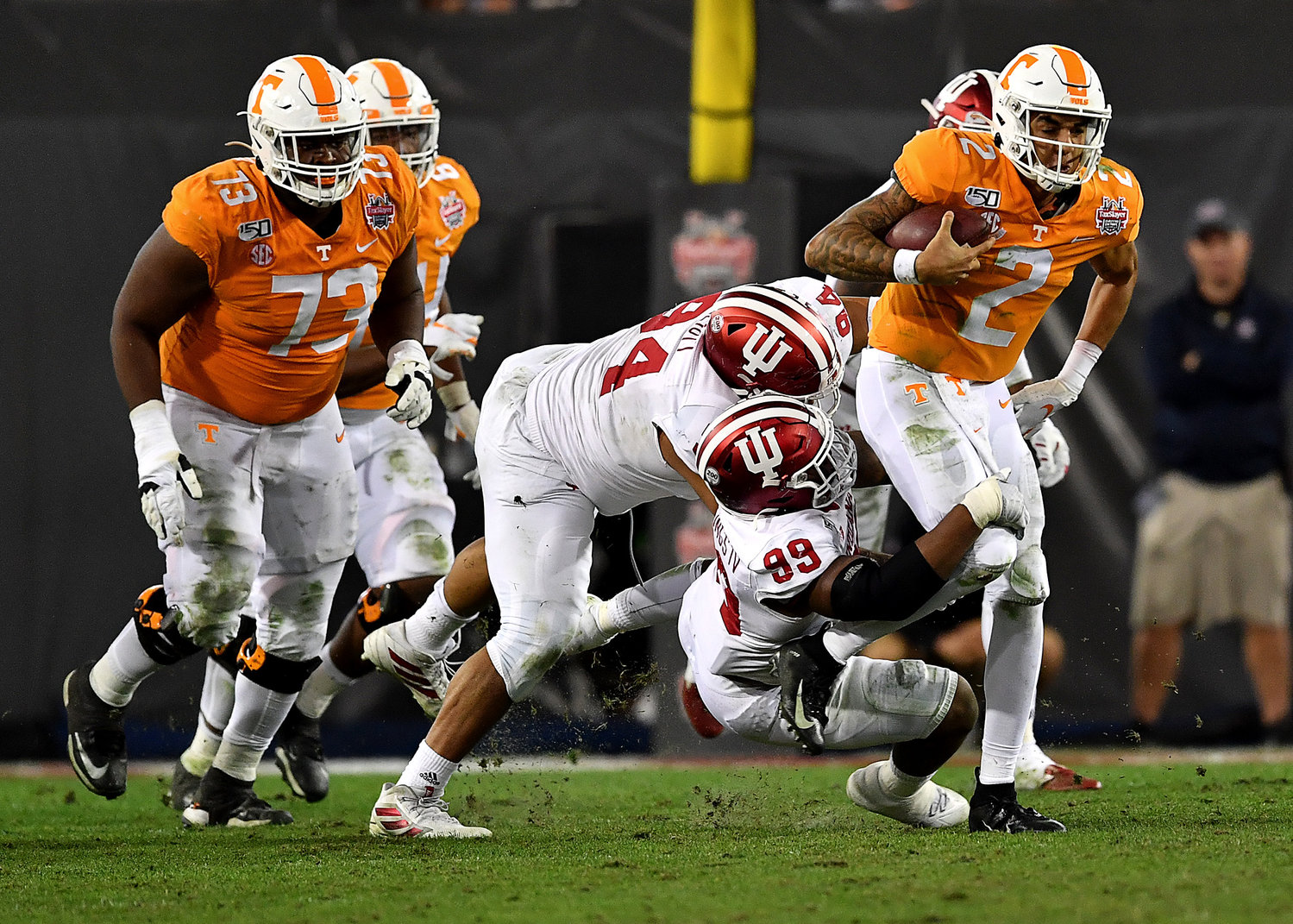 Tennessee Volunteers quarterback Jarrett Guarantano (2) on a keeper in the second half of the Gator Bowl NCAA football game against the Indiana Hoosiers Thursday, January 2, 2020, at TIAA Bank Field in Jacksonville, Fla.