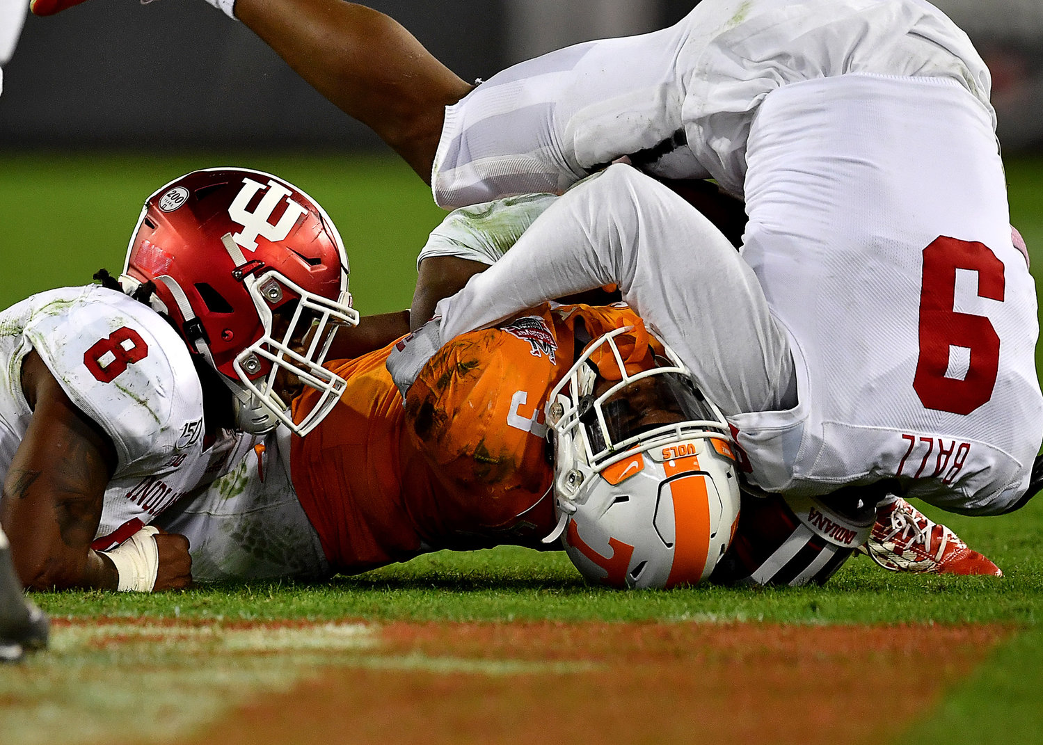 Indiana Hoosiers defensive back Marcelino Ball (9) tackles Tennessee Volunteers running back Eric Gray (3) in the second half of the Gator Bowl NCAA football game Thursday, January 2, 2020, at TIAA Bank Field in Jacksonville, Fla.