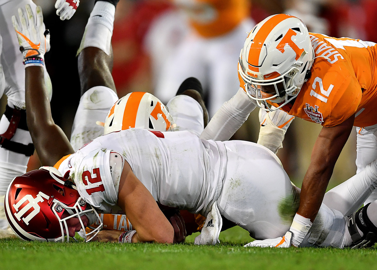 Tennessee Volunteers defensive back Shawn Shamburger (12) sacks Indiana Hoosiers quarterback Peyton Ramsey (12) in the first half of the Gator Bowl NCAA football game Thursday, January 2, 2020, at TIAA Bank Field in Jacksonville, Fla.