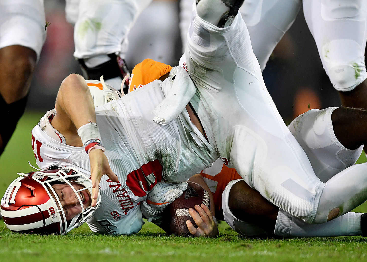 Tennessee Volunteers linebacker Darrell Taylor (19) sacks Indiana Hoosiers quarterback Peyton Ramsey (12) in the first half of the Gator Bowl NCAA football game Thursday, January 2, 2020, at TIAA Bank Field in Jacksonville, Fla.