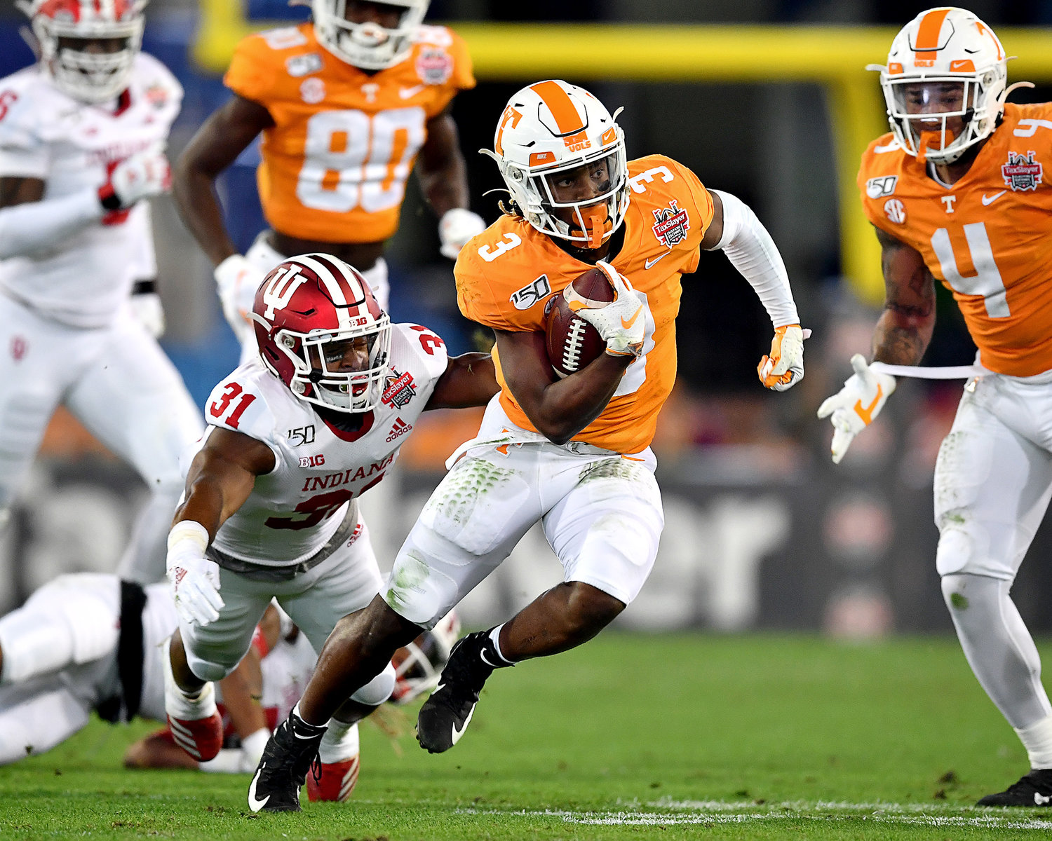 Tennessee Volunteers running back Eric Gray (3) finds a gap on the way to a first down in the first half of the Gator Bowl NCAA football game against the Indiana Hoosiers Thursday, January 2, 2020, at TIAA Bank Field in Jacksonville, Fla.