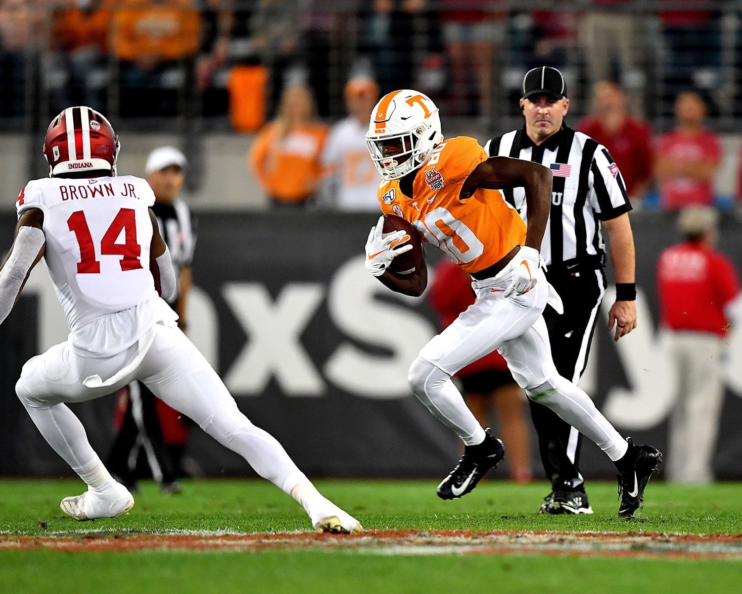 Tennessee Volunteers wide receiver Ramel Keyton (80) adds yards after the catch during the first half of the Gator Bowl NCAA football game against the Indiana Hoosiers Thursday, January 2, 2020, at TIAA Bank Field in Jacksonville, Fla.