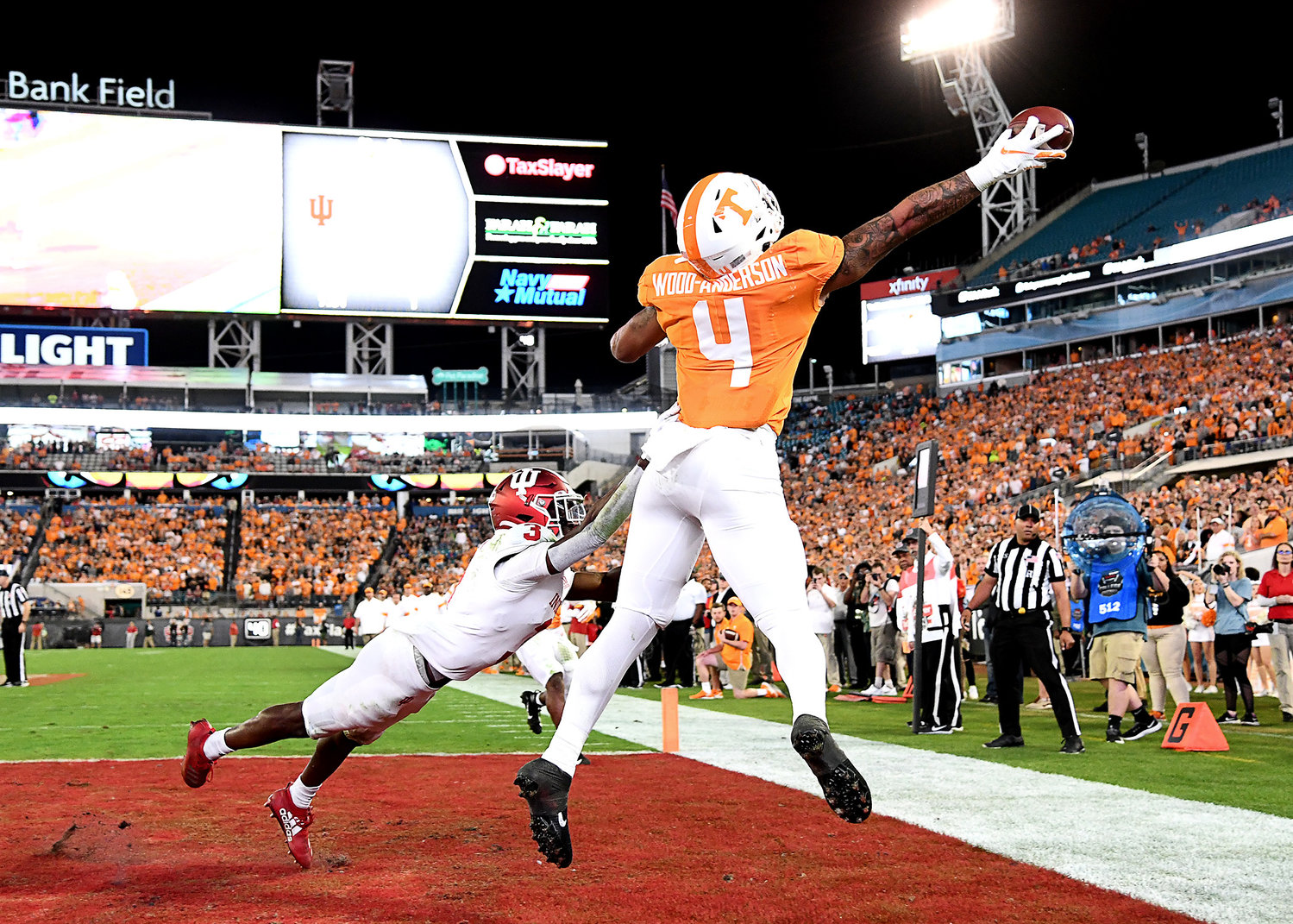 Tennessee Volunteers tight end Dominick Wood-Anderson (4) can't make the grab on an overthrow pass to the end zone during the first half of the Gator Bowl NCAA football game against the Indiana Hoosiers Thursday, January 2, 2020, at TIAA Bank Field in Jacksonville, Fla.