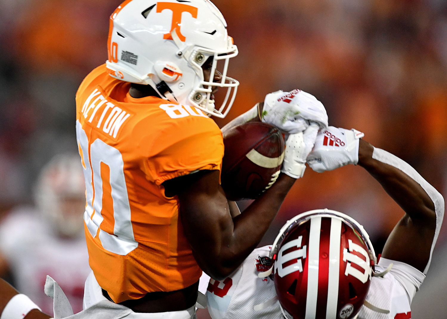Tennessee Volunteers wide receiver Ramel Keyton (80) battles for the ball and comes up the winner during the first half of the Gator Bowl NCAA football game against the Indiana Hoosiers Thursday, January 2, 2020, at TIAA Bank Field in Jacksonville, Fla.