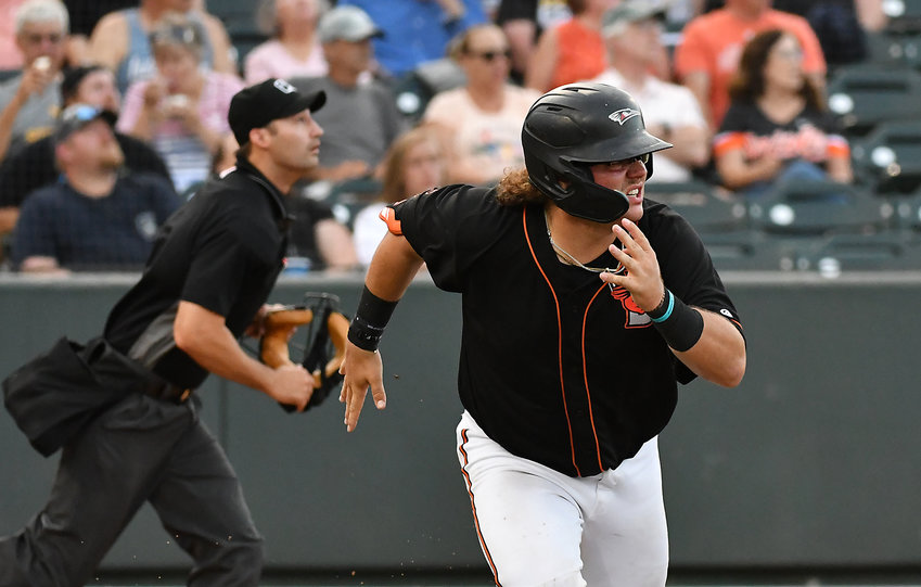 Creed Willems heads to first base in recent Delmarva Shorebirds action.