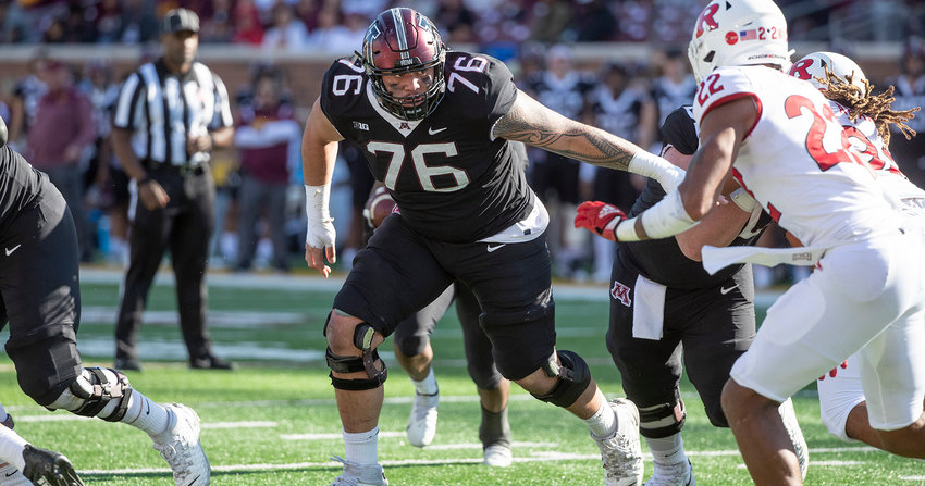 Chuck Filiaga finished his college career as a starter on the offensive line for the University of Minnesota Golden Gophers, helping them to a 9-4 record and a Pinstripe Bowl victory. Now the former Aledo Bearcat awaits his chance at a possible professional career. He is shown playing against Rutgers..
