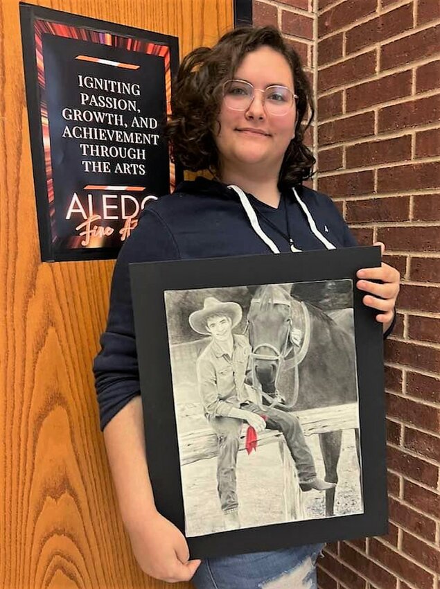 Aledo High School student Graciela Gonzales is shown with her painting, Man's Best Friend." The work won "Best of Show" at the Parker County Student Art Show.