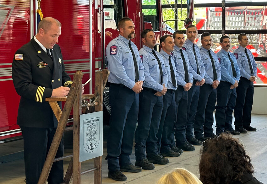 ESD 1 Fire Chief Stephen Watson swears in firefighters Scroggins, Rutledge, Rice, Martin, Dieter, Button, Cassaro, and Rick.