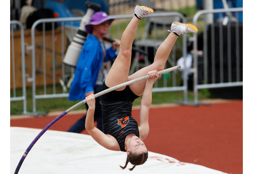 Taylor Hindman of Aledo High School begins her vault in the Class 5A girls pole vault during the UIL State Track and Field Meet on Friday, May 12, 2023 in Austin. Hindman placed second in the event.