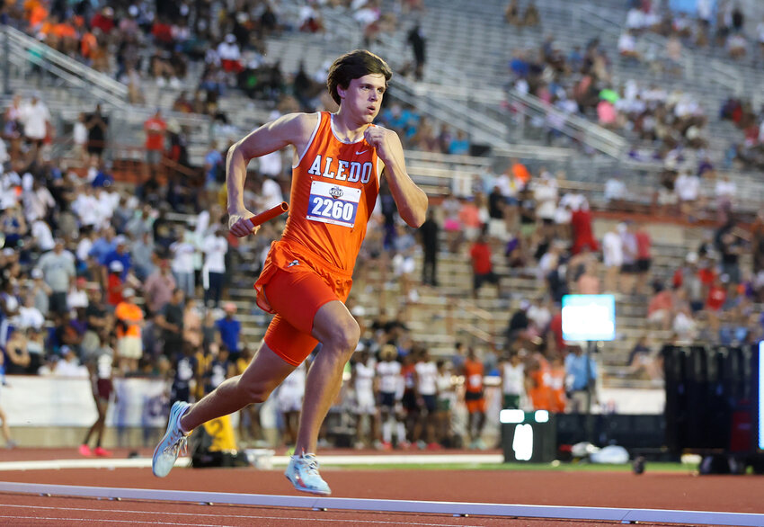 Adam Averett runs a leg of the 1600-meter relay for Aledo at the UIL State Track and Field Meet on Thursday, May 11, 2023 in Austin.