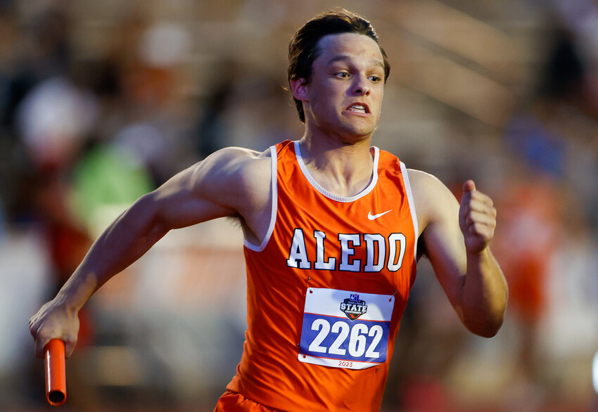 Blake Burdine runs a leg of the 1600-meter relay for Aledo at the UIL State Track and Field Meet on Thursday, May 11, 2023 in Austin.