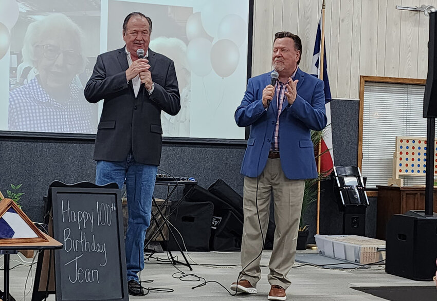 The Webster Brothers, Don (blue jacket) and John, performed as part of Jean Buford's 100th birthday celebration.
