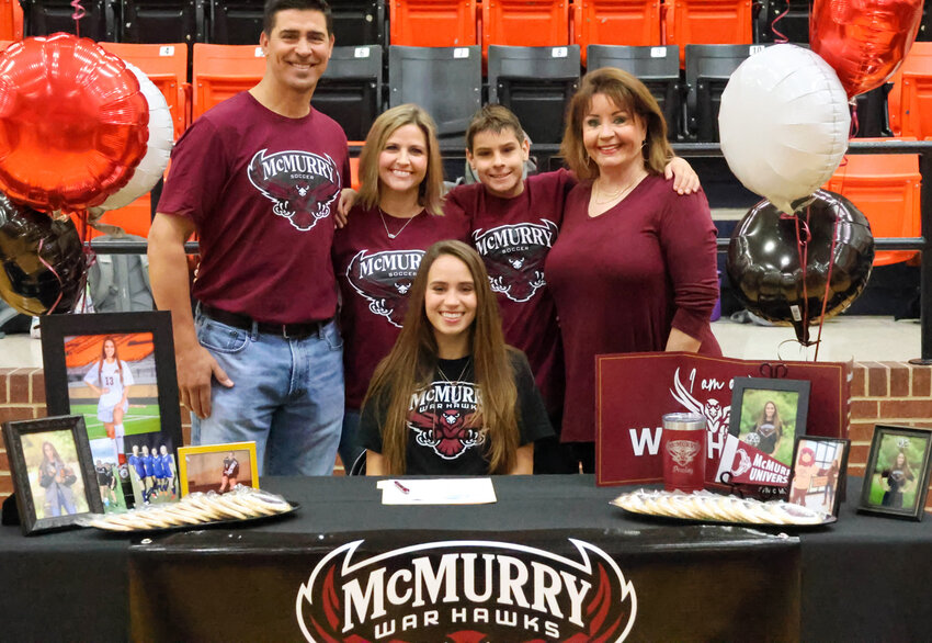 Presley Clayborn signed with McMurry University to play soccer. She is shown with Casey, Brittany, and Payden Clayborn and Marilyn Filipek.