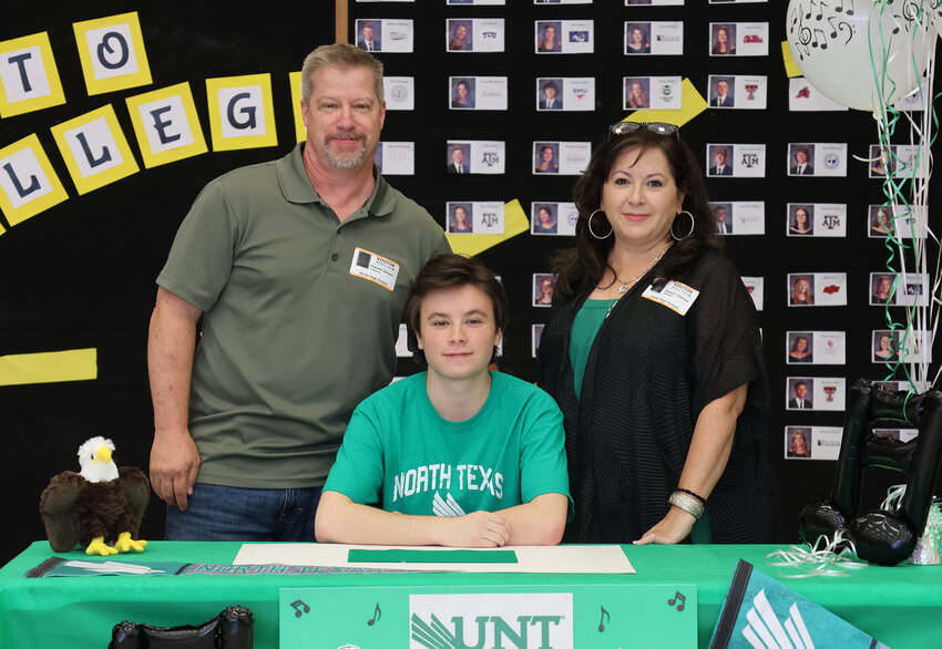 Garrett Gibson signed with University of North Texas in music. He is shown with Abby and Hal Gibson.