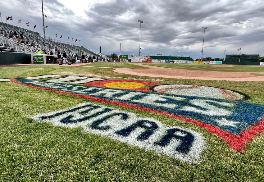 NJCAA Division I World Series logo behing home plate in Grand Junction, Colordao. The Weatherford College Coyotes finished 3rd in the series on June 2, 2023.