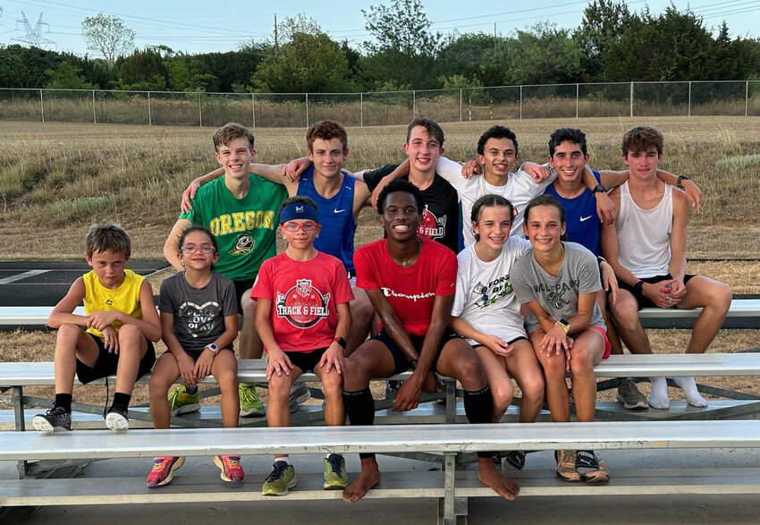 These members of the Mach I Track Club will be competing in Junior Olympics in Eugene Oregon and Des Moines, Iowa in the coming month. Picture are, with where they will compete in parentheses are (top row, from left) James Romo (Eugene), Josh Gal (Eugene), Nico Walden (Des Moines), Jack Fink (Des Moines), Layton Ybarra (Eugene), Gannon Dolan (Eugene), (bottom row) Malachi Dolan (Eugene), Jenna Fink (Des Moines), Josh Fink (Des Moines), Ty Williams (Eugene), McKinley Walton (Eugene) and Hadleigh Walton (Eugene). Not pictured are Amelia Rivas (Eugene) and Emmy Strathmeyer (Des Moines). The Oregon JO are July 24-30 and the JO in Des Moines are July 26-Aug. 5.