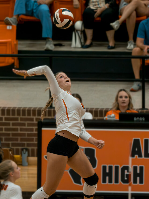 Freshman outside hitter, Kaelee Berkley elevates for a spike during Tuesday, Aug 29 varsity volleyball action against Paschall.