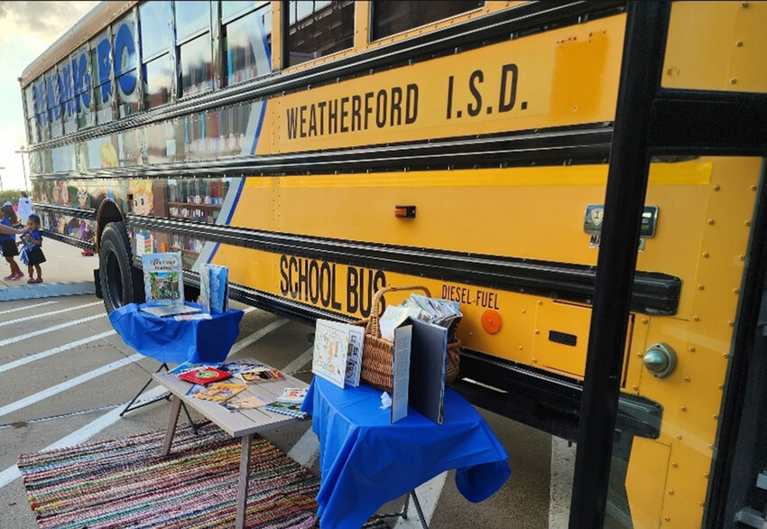The Weatherford Reading Roos bus sits outside Kangaroo Stadium before the Sept. 15 Homecoming game. The mobile library inside is available before home games from 5:30 p.m. – 7:30 p.m..