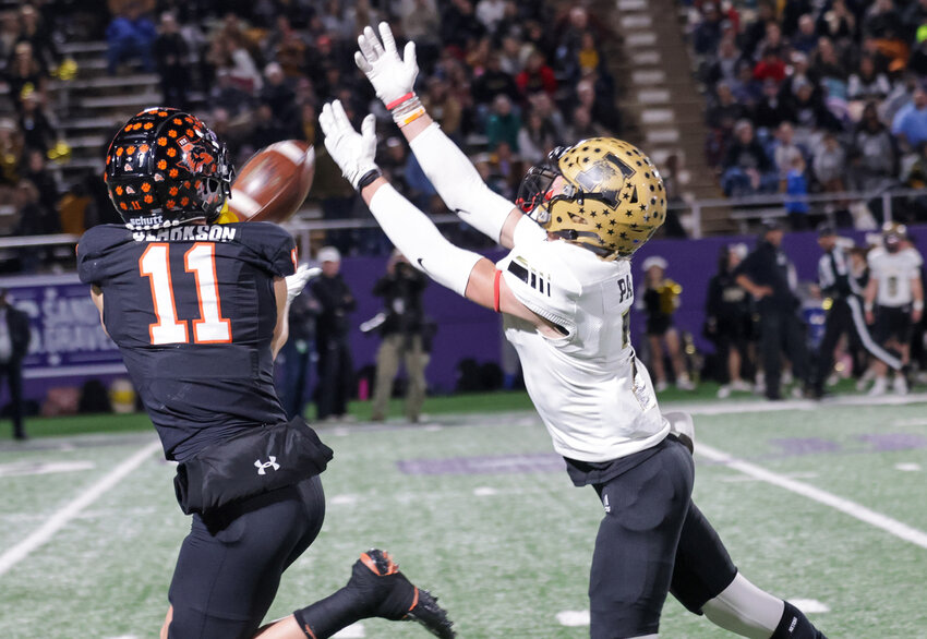 Aledo's Trace Clarkson pulls in a pass through the outstretched arms of an Abilene defender. Clarkson had two catches, one for a touchdown, against Abilene.