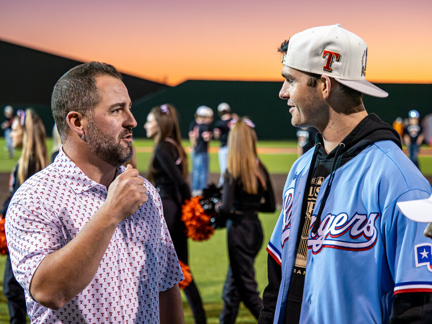 Aledo mayor, Nick Stanley talks to Cody Bradford during the World Series Celebration at Bearcat Field on Monday, Dec. 4.