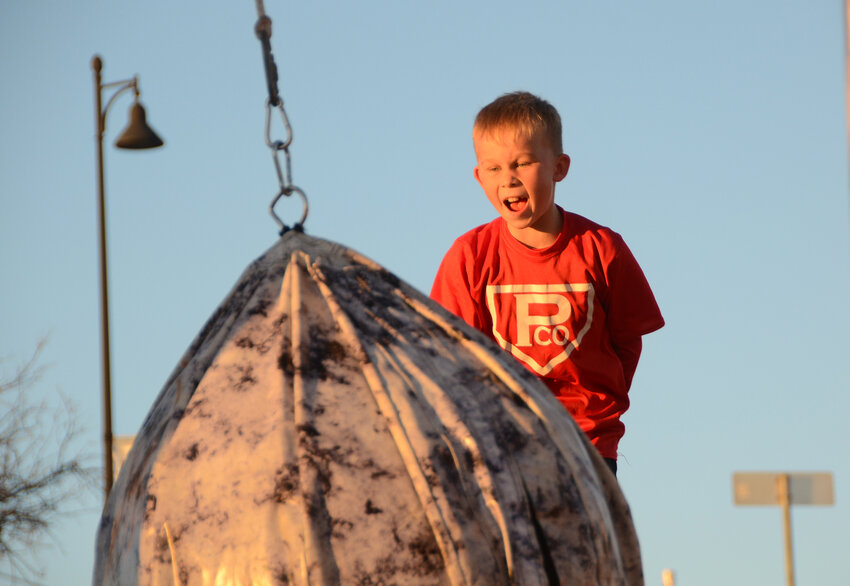 Cooper Newton leaps onto a giant dangling ball in a bounce house.