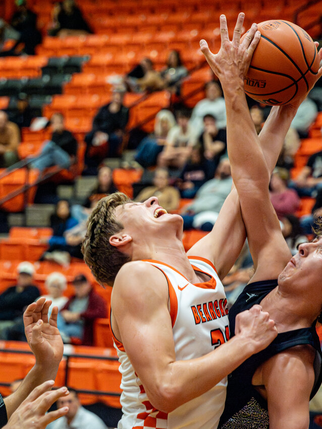 Jack Sawyer goes up for a shot while contending with a Springtown defender during the Bearcats 63-61 win on Tuesday, Dec. 5.