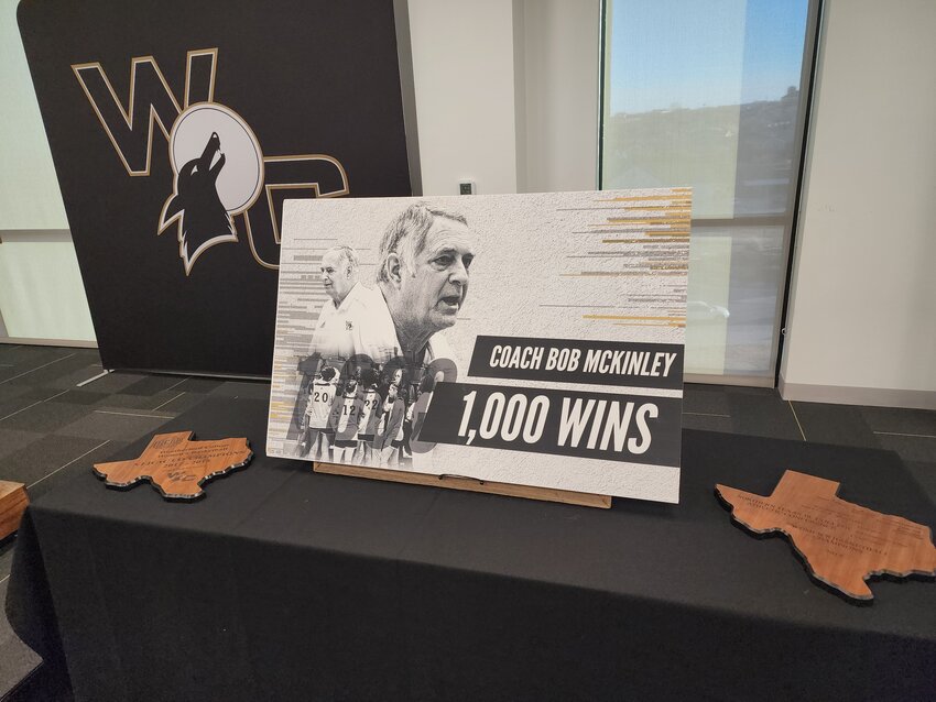 Several of the many awards won by Weatherford College Lady Coyores coach Bob McKinley and his teams over 47 seasons were on display at a reception honoring the coach for his 1,000th victory.