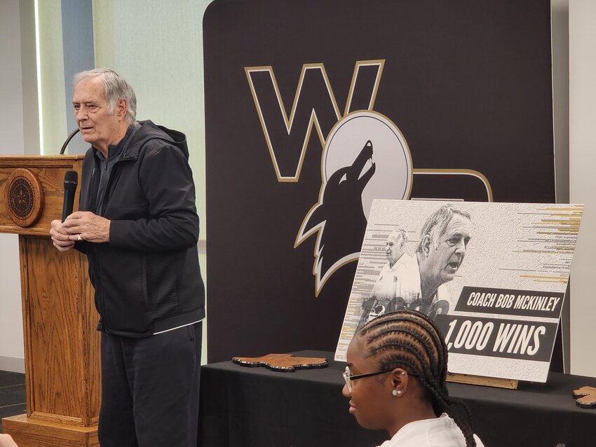 Weatherford College Lady Coyotes coach Bob McKinley addresses the crowd at a reception honoring him for his 1,000th career victory.