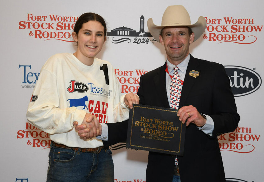 Ella Isbell won a $500 purchase certificate toward a heifer for a 4-H or FFA project for exhibition at next year’s Fort Worth Stock Show & Rodeo. The certificate, presented by Stock Show Calf Scramble Committee Chairman, Paxton Motheral, was sponsored by Worthington Bank.