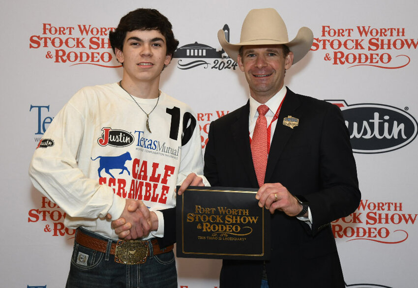 Maddox Tedford won a $500 purchase certificate toward a heifer for a 4-H or FFA project for exhibition at next year’s Fort Worth Stock Show & Rodeo. The certificate, presented by Stock Show Calf Scramble Committee Chairman, Paxton Motheral, was sponsored by Dillard Feed of Weatherford.